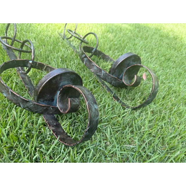 Metal Hand-Forged 25” Metal Wall Candle Sconces With Verdigris Patina, a Pair For Sale - Image 7 of 10