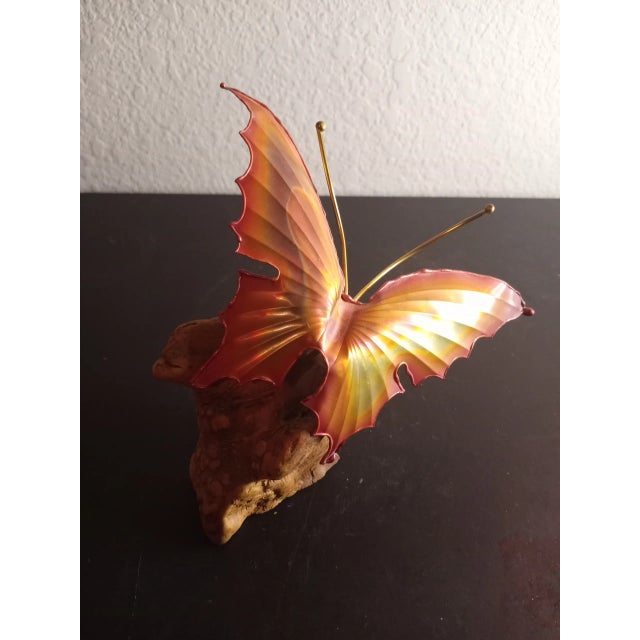 Gold Brutalist Brass Butterfly on Driftwood Base Sculpture For Sale - Image 8 of 8