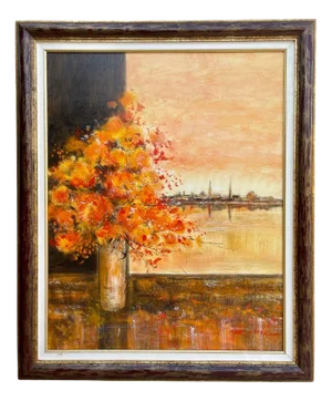 Raphaël Robic, Bouquet of Roses and Landscape, Oil on Canvas, Framed