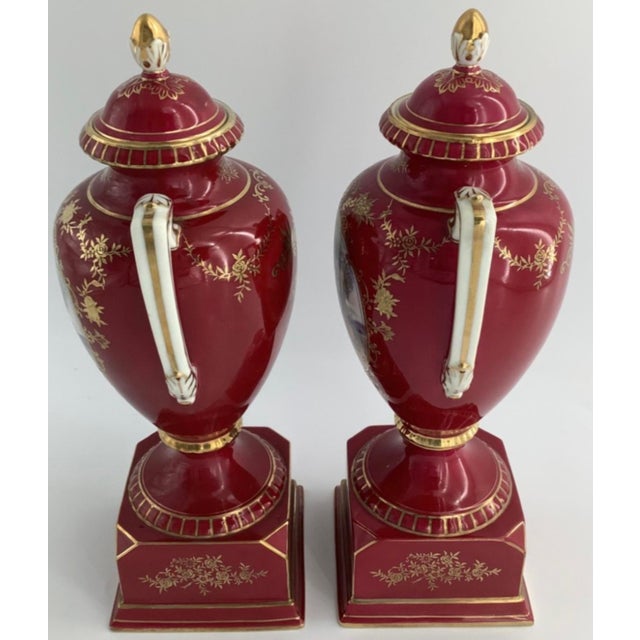 Rococo Vintage Pair of Noritake Porcelain Urns Hand Painted Red With Gold For Sale - Image 3 of 8
