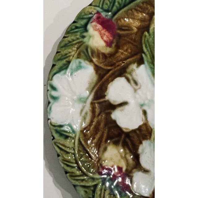 French Country Antique French Majolica Strawberries and Flowers Plate For Sale - Image 3 of 6