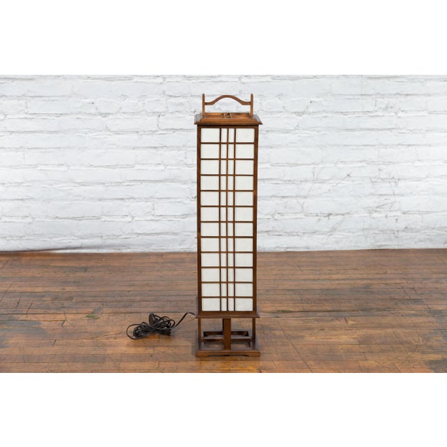 Mid 20th Century Vintage Tall Japanese Square Rice Paper Panel Table Lamp For Sale - Image 5 of 12