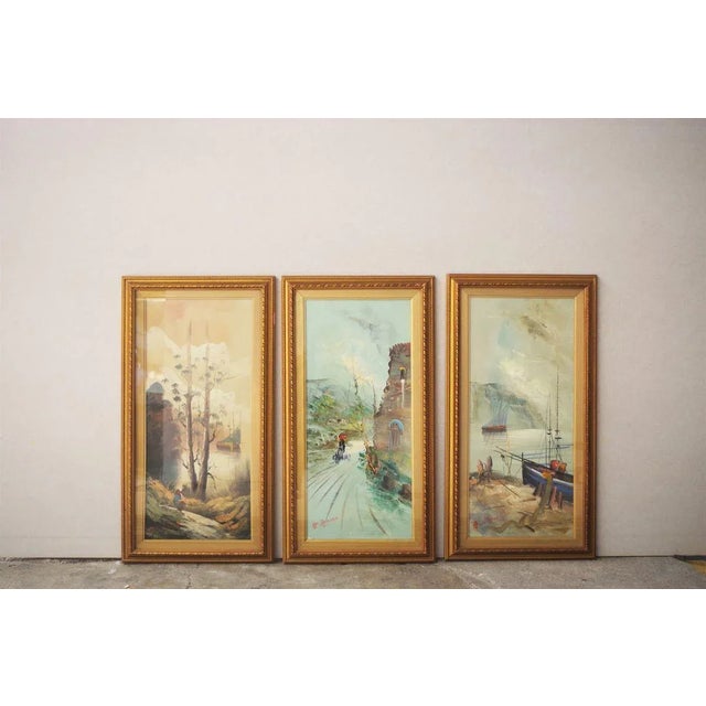 Paintings oil on canvas Moretti gold frame 70s