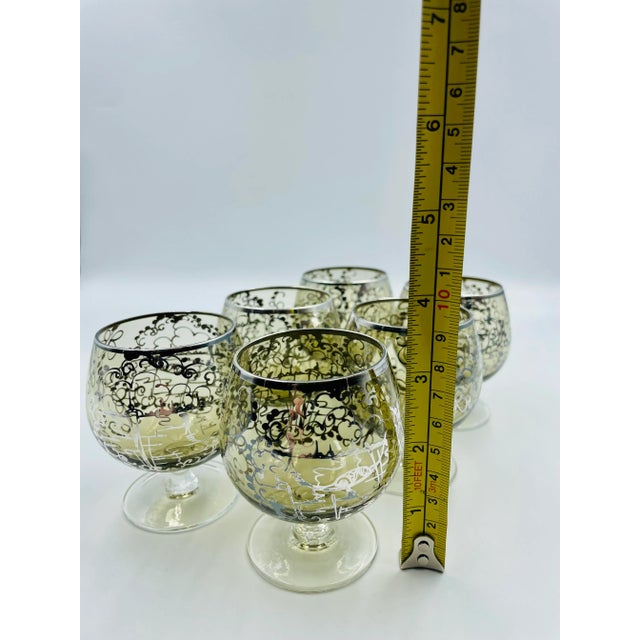 Vintage Petite Smokey Quartz-Colored Brandy/Cognac Snifters With Silver Gilded Venetian Scene -Set of 6 For Sale - Image 12 of 13
