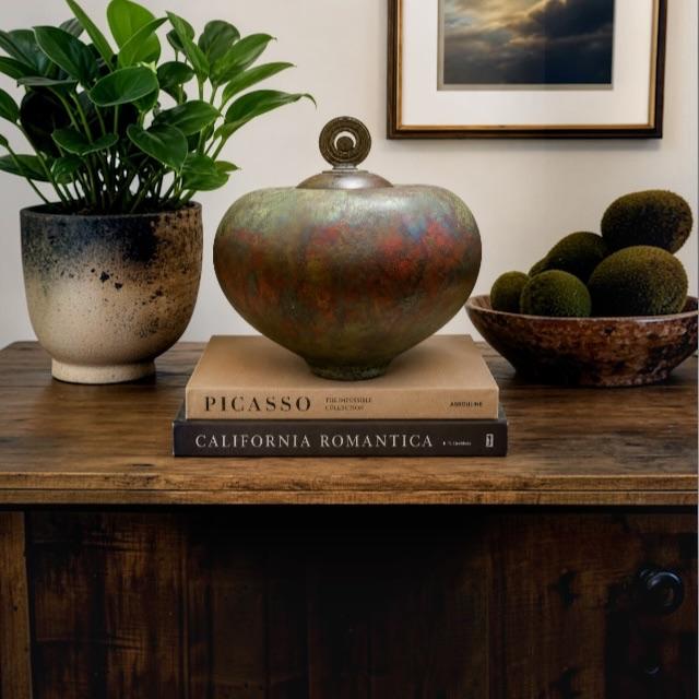 Signed Tamerlane Burnell monumental 15”hand-built raku vessel with original sculptural lid. This impressive large-scale...
