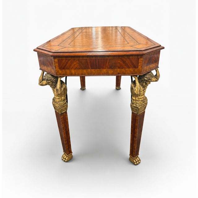 Maitland - Smith Vintage Maitland-Smith Neoclassical Tooled Leather & Brass Figural Writing Desk For Sale - Image 4 of 15
