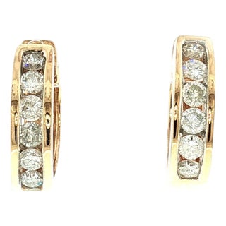 Late 20th-Century 14k Yellow Gold Diamond Hinged Hoop Earrings, Pair For Sale