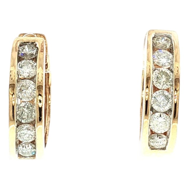 Late 20th-Century 14k Yellow Gold Diamond Hinged Hoop Earrings, Pair For Sale