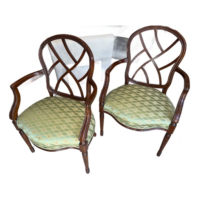 Pair of Kindel Mahogany Hepplewhite Style Arm Chairs For Sale