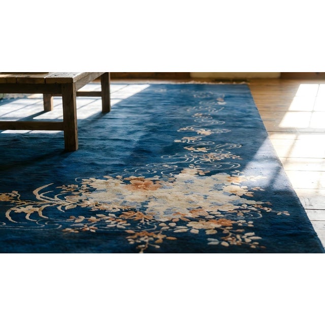 1920s A Lovely Small Floral Bouquet Diagonally in a Royal Blue Open Field Antique Chinese Art Deco Rug For Sale - Image 5 of 7
