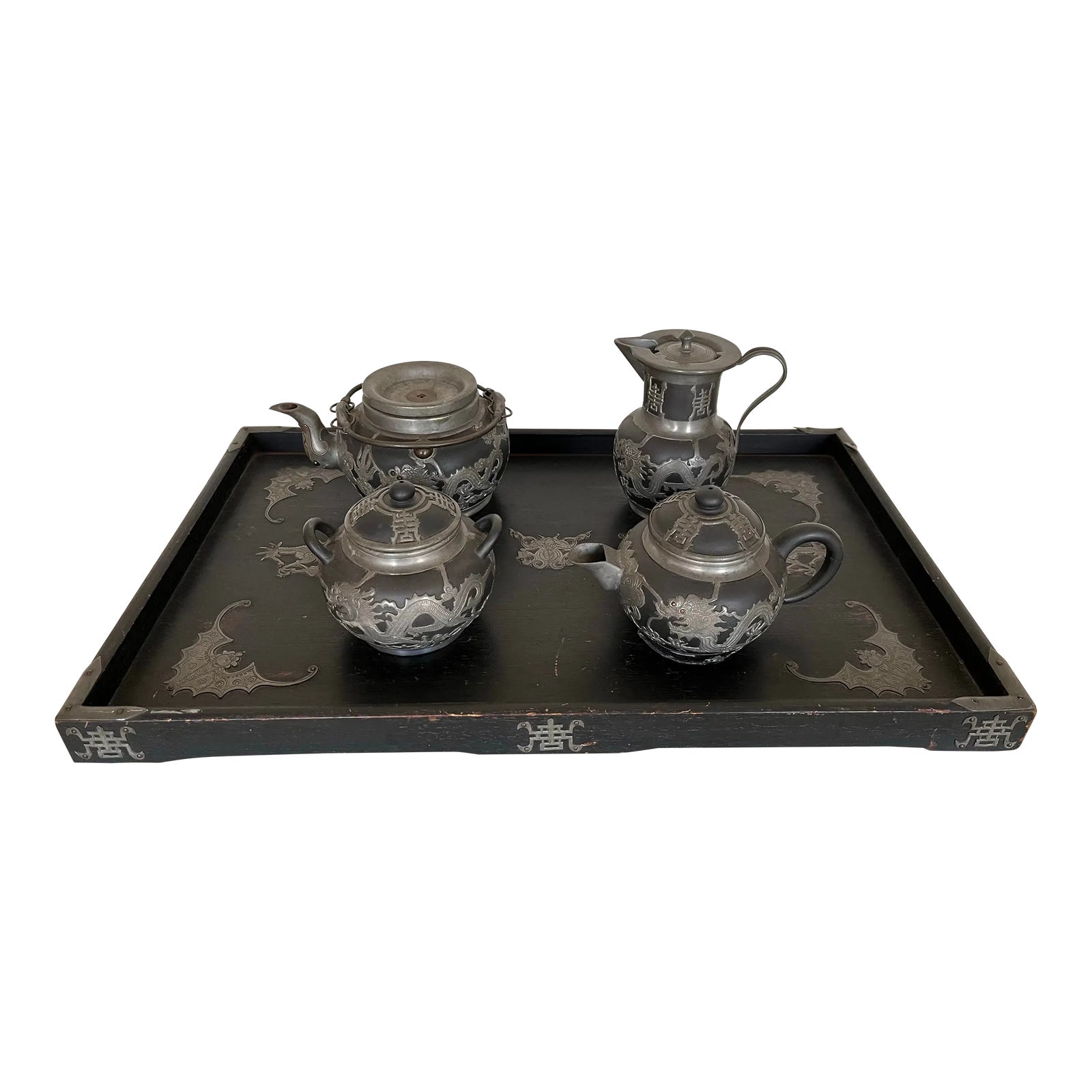 Hailwood's 陶器瓶 2点セット　1910 1910's Antique Chinese Clay & Pewter Tea Set With Tray Dragons- 5