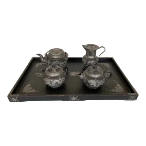 1910's Antique Chinese Clay & Pewter Tea Set With Tray Dragons- 5 Pieces