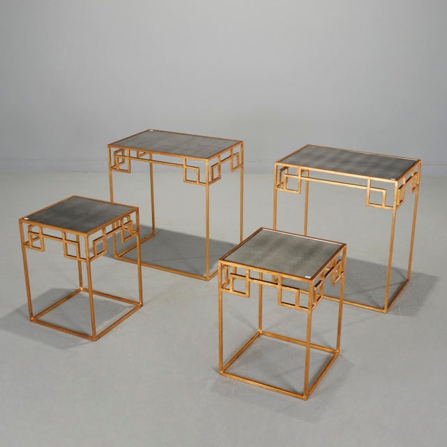 Pair Contemporary Gilt and Mirrored Glass Nesting Tables With Greek Key