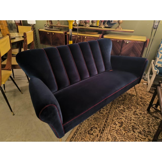 Blue Lounge Chair with Red Thread Edging, 1960s, in Very Good conditions. Designed 1960 to 1969