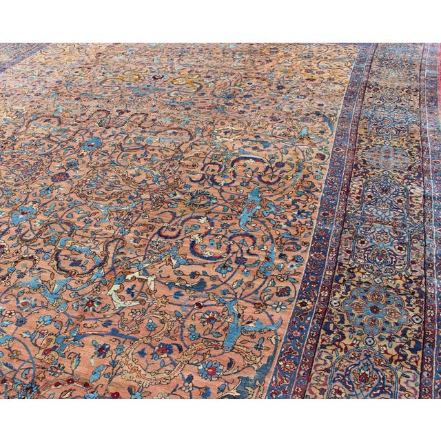 Classic Colorful Antique Large Lavar Kerman Rug in Salmon Background For Sale - Image 10 of 13