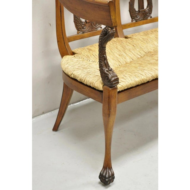 Vintage Italian Neoclassical Cherry Wood Dolphin Lyre Carved Rush Seat Bench For Sale - Image 4 of 12