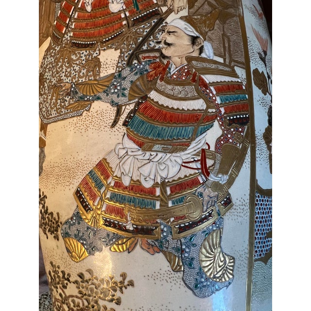 Late 19th Century Monumental 24” Antique Japanese Meiji Period Kyoto Satsuma Palace Floor Vase, Court Scene & Peony Panels For Sale - Image 5 of 11