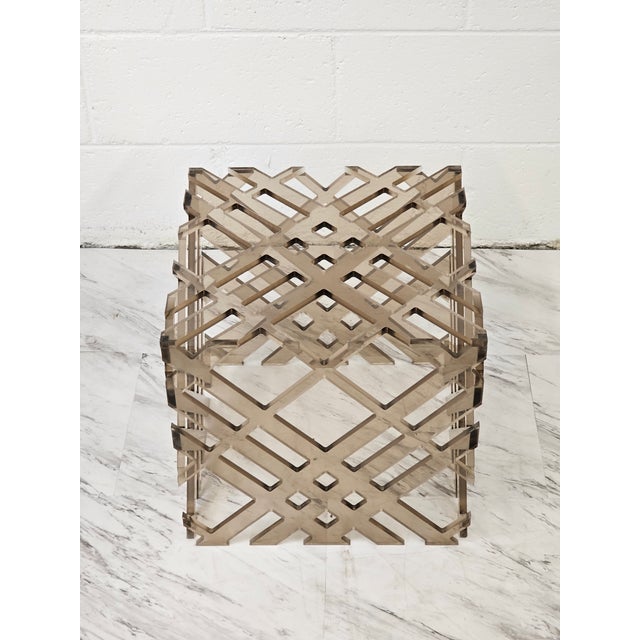 Mid 20th Century Smoke Grey Lucite Lattice Worked Cube Ottoman or Accent Table For Sale In Richmond - Image 6 of 6