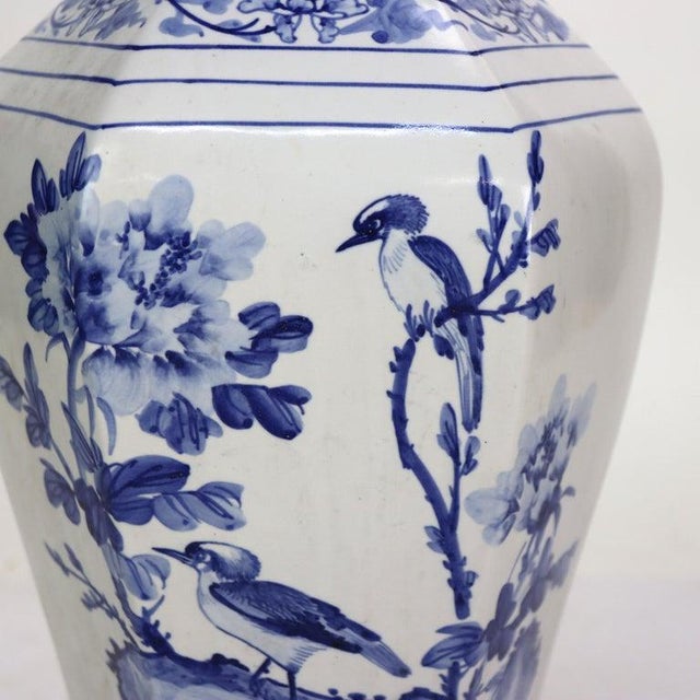 Large Blue & White Chinese Floral & Figural Hand Painted Porcelain Faceted Vase 20thC Measures - 21 7/8" x 8 1/2" x 8 1/2"