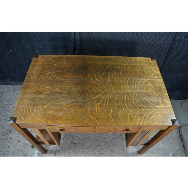 Antique Mission Arts Craft Quartersawn Oak Library Bookcase Table Desk Inkwell For Sale - Image 12 of 18