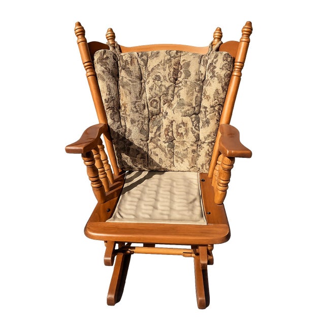 American Vintage Solid Wood Windsor-Style Glider Rocking Chair With Tufted Cushions For Sale - Image 3 of 9