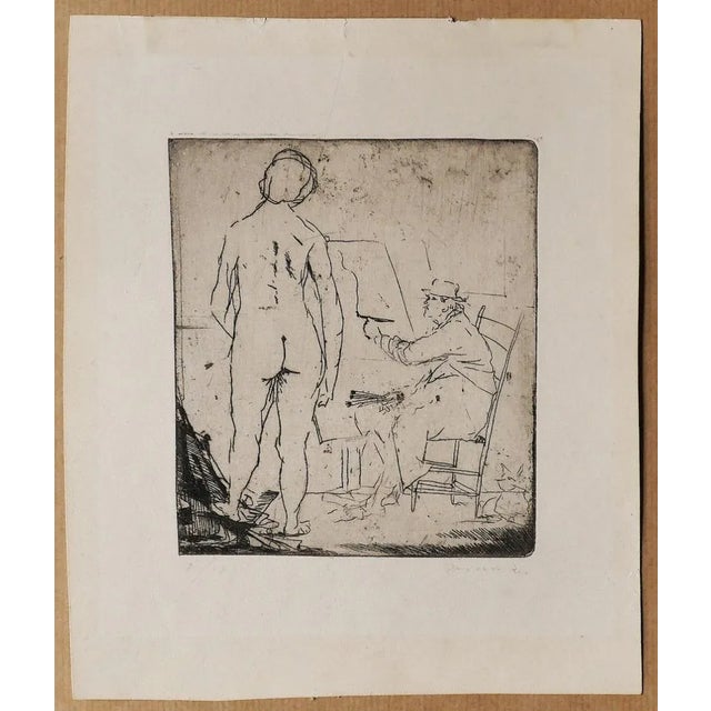 The painter and the model is an original rare etching on paper realized by the Italian artist Giacomo Manzù. Hand-signed...