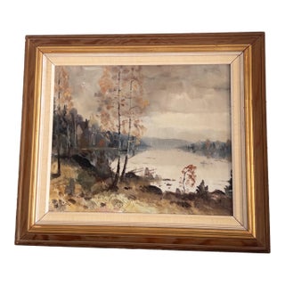 1950s Swedish Landscape Oil Painting in Pine Wood Frame For Sale