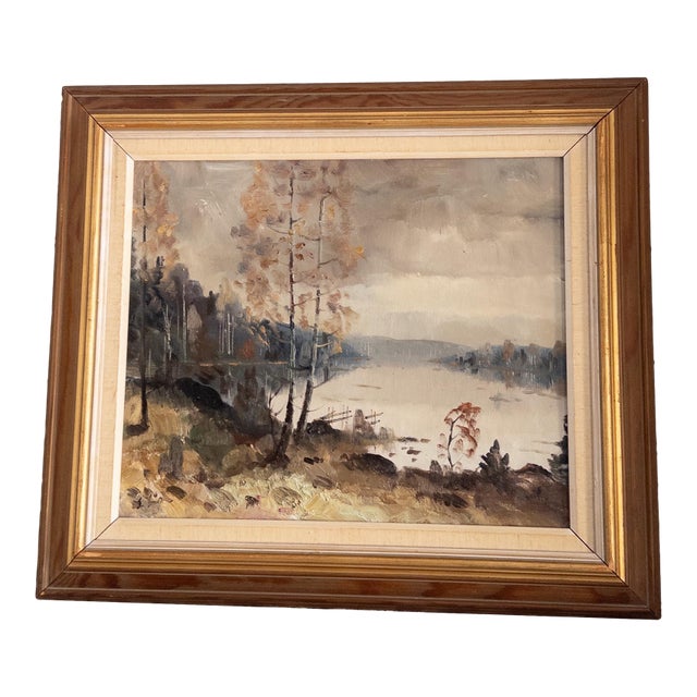 1950s Swedish Landscape Oil Painting in Pine Wood Frame For Sale
