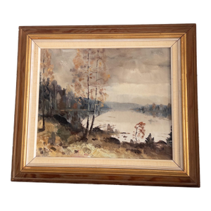 1950s Swedish Landscape Oil Painting in Pine Wood Frame