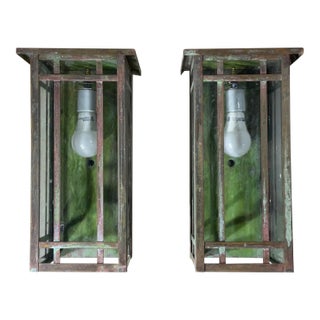Pair of Solid Handcrafted Wall-Mounted Brass Lantern 15”h X 8”w X 7”d For Sale
