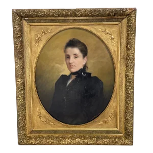 19th Century Medallion Portrait Oil Painting of a Woman on Canvas, Framed
