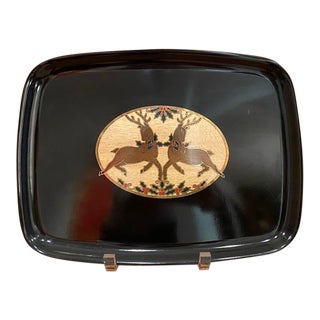 Vintage Couroc of Monterey Christmas Reindeer & Holly Tray For Sale