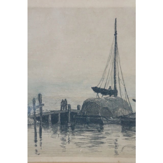 Printmaking Materials Antique Charles Frederick Mielatz Nautical Sailboats Dock Harbor Etching 19", Framed For Sale - Image 7 of 9
