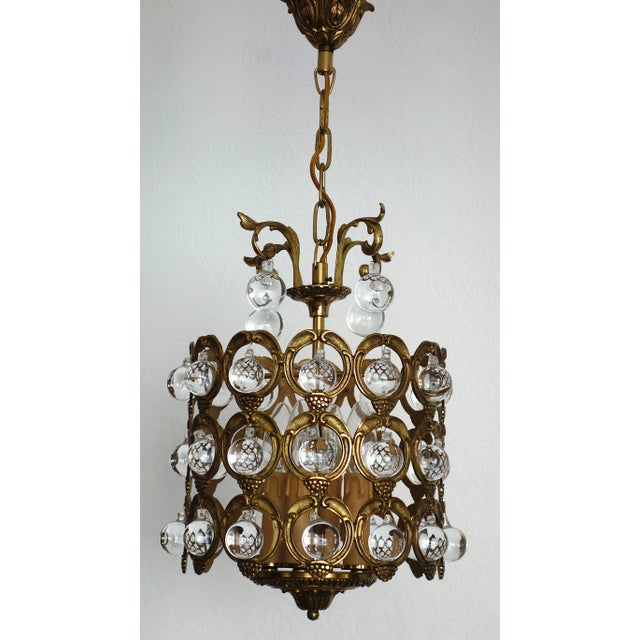 Antique French Brass and Crystal Ball 4-Light Chandelier, 1930s For Sale - Image 16 of 18