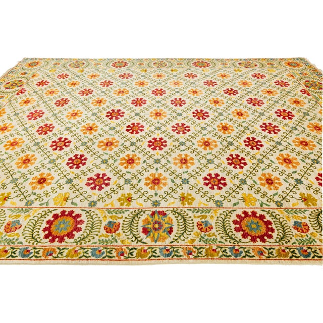 Contemporary Hand-Knotted Wool Suzani Style Area Rug With Floral Trellis Pattern For Sale In New York - Image 6 of 12