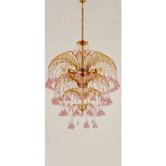 1960s Exquisite XL 4-Tier Italian Murano Glass Chandelier With Pink Floral Drops For Sale - Image 4 of 7