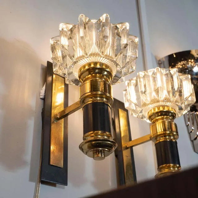 Modernist Brass, Hand Blown Clear Murano Glass and Black Enamel Sconces - a Pair For Sale - Image 11 of 12