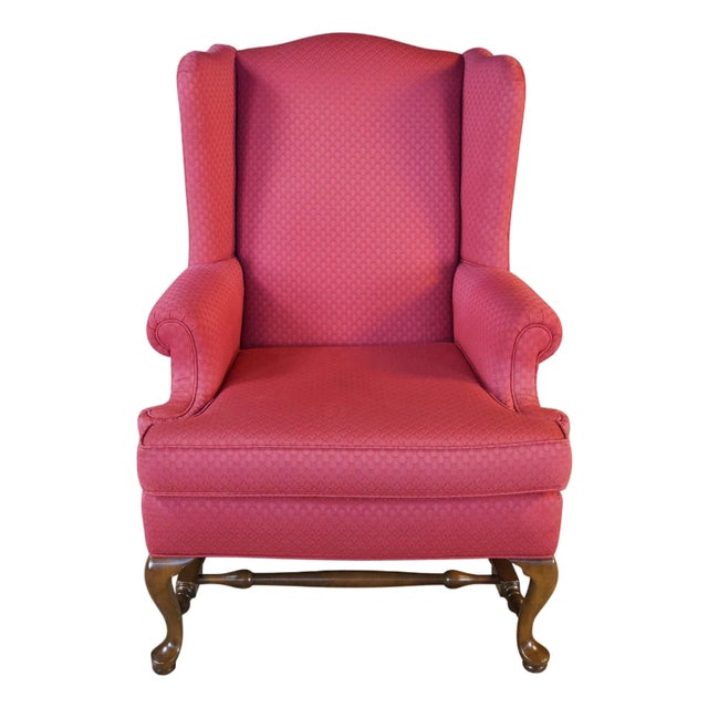 Vintage Queen Anne Style Mahogany Wingback Club Library Accent Arm Chair Red For Sale