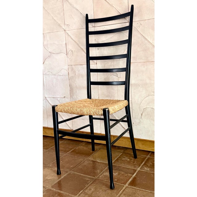 Mid-Century Modern Italian High-Back Black Side, Office Chair With a Rush Seat in the Iconic Style of Italian Designer Gio Ponti For Sale - Image 9 of 12