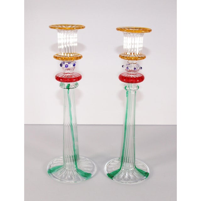 2010s Pair of Murano Attributed Multicolored Glass Candle Sticks For Sale - Image 5 of 5