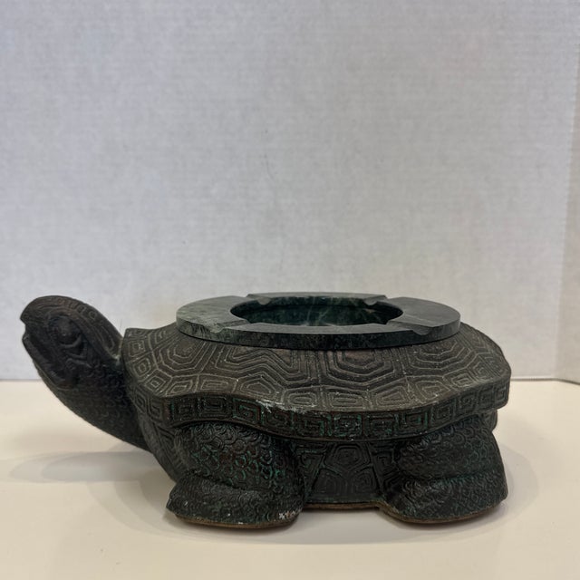 Mid century James Mont style metal ashtray with green marble removable insert.