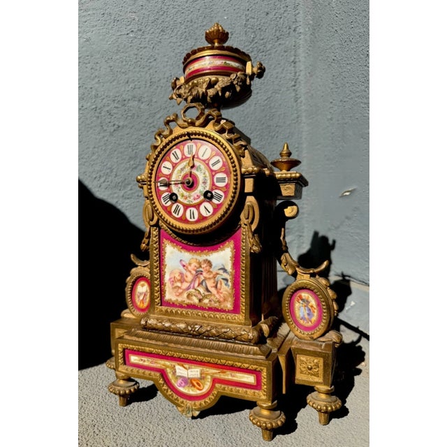 19th Century French Gilt Mantel Clock With Red Sevres Style Porcelain For Sale - Image 11 of 16