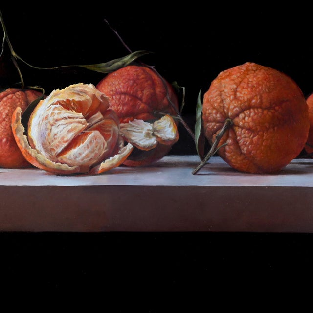 The Last by Victoria Novak | Oil on Canvas Still life of oranges on a shelf For Sale