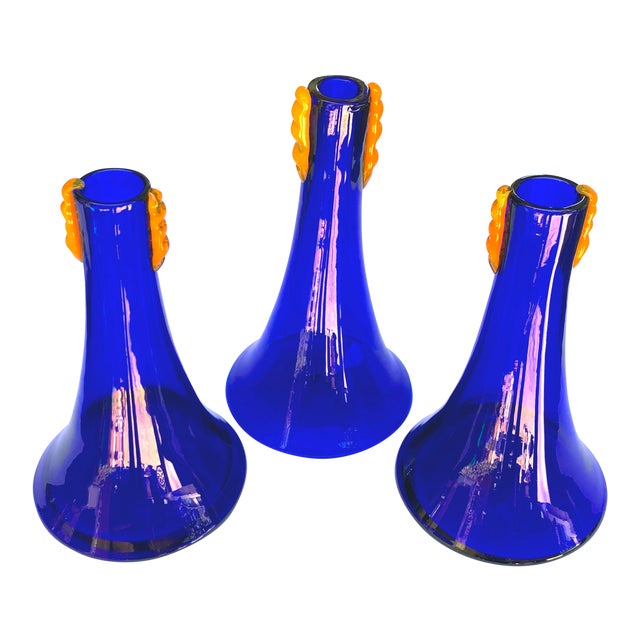 A Rare Set Of 3 Blenko 1980 S Cobalt Glass Flared Vases With