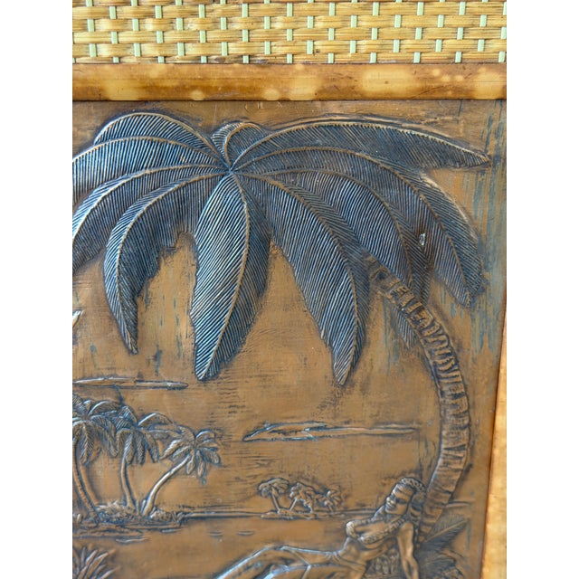 Brown Vintage Hawaiian Tiki Copper Relief in Tortoise Bamboo Frame With Woven Rattan Mat For Sale - Image 8 of 12