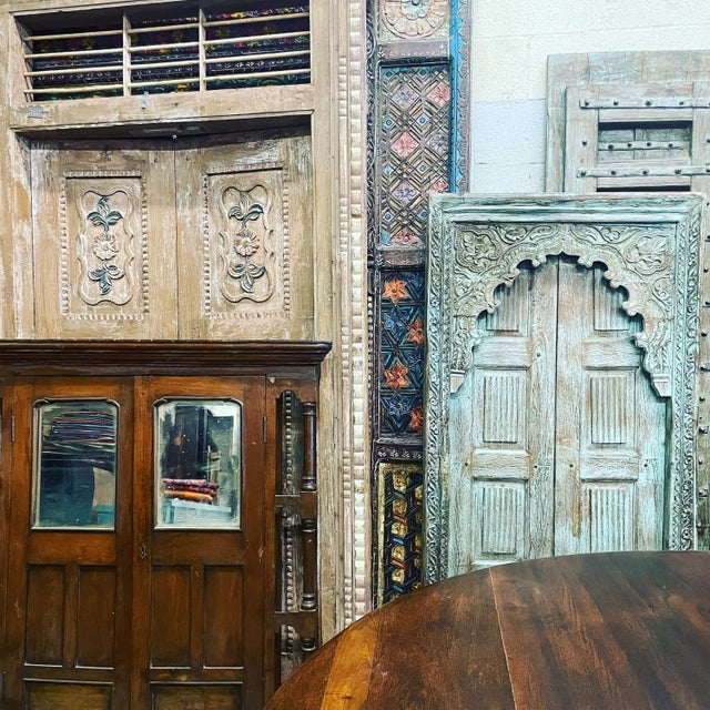 1920s Antique Indo-French Teak Garden Double Doors | Hand-Carved Architectural Statement 98 For Sale - Image 5 of 7