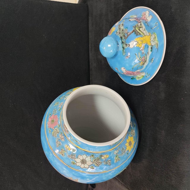Chinese Ceramic Pot,Kangxi Marked Blue Ground FamilleVerte Porcelain Ginger Jar Hand Painted Playing Children Pattern For Sale - Image 10 of 12
