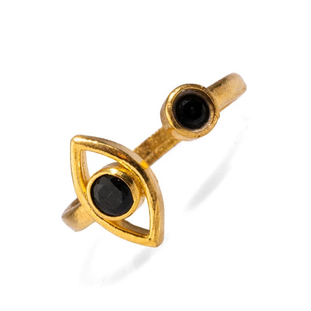 Early 21st Century Spiritual Eye Black Onyx Stone & Gold Dainty Stackable Ring, Size 4 For Sale - Image 5 of 6