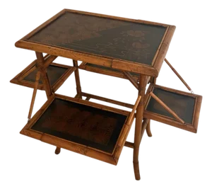 Vintage English Chinoiserie Rattan Bamboo Table With Sides