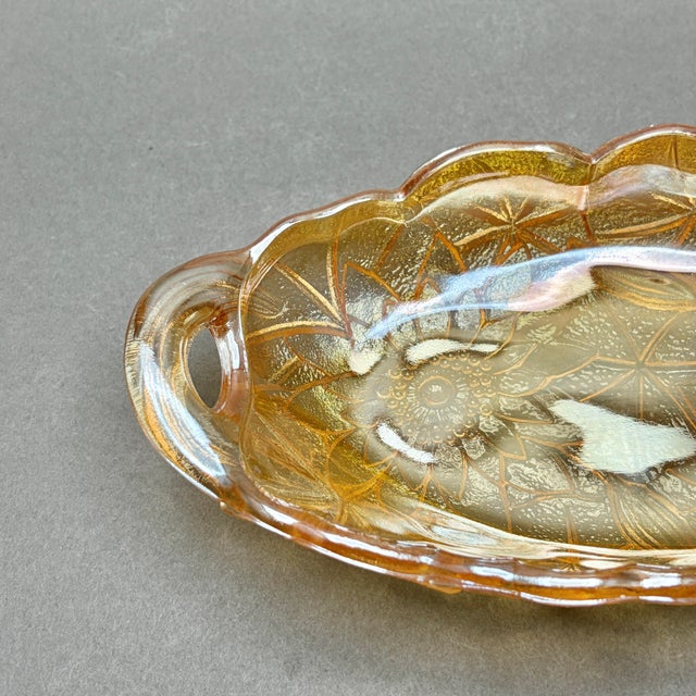 Vintage Indiana Glass “Lily Pons Sunflower” Marigold Carnival Glass Relish Dish With Handles For Sale In New York - Image 6 of 9
